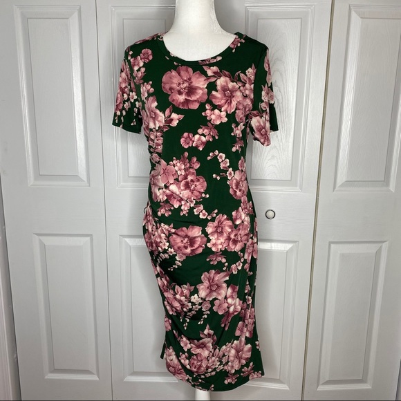 🔥SOLD🔥 Boutique Floral Rouched Midi Dress Green Pink S-L - Picture 2 of 15